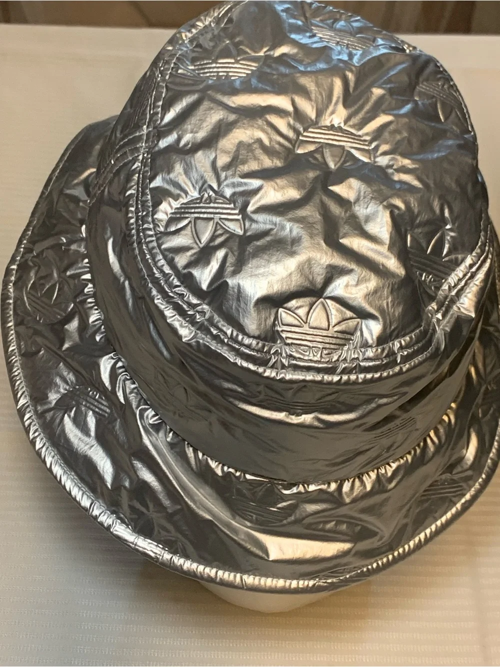 adidas Puffy Satin Bucket Hat in a metallic "Tin Foil" silver finish. EUC - Picture 2 of 8